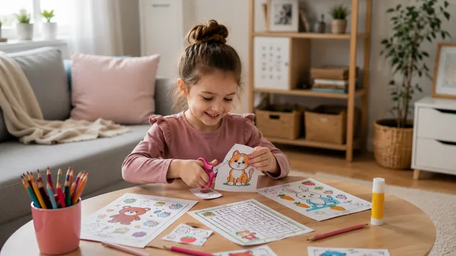 Dítě si maluje a vystřihuje u stolu - soustředěné a šťastné