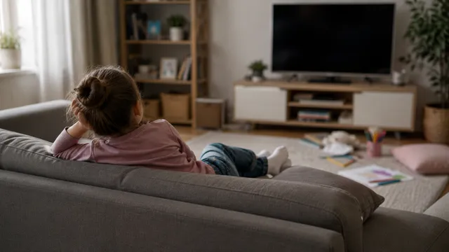 Dítě sedí samo na gauči před televizí - nuda a pasivita