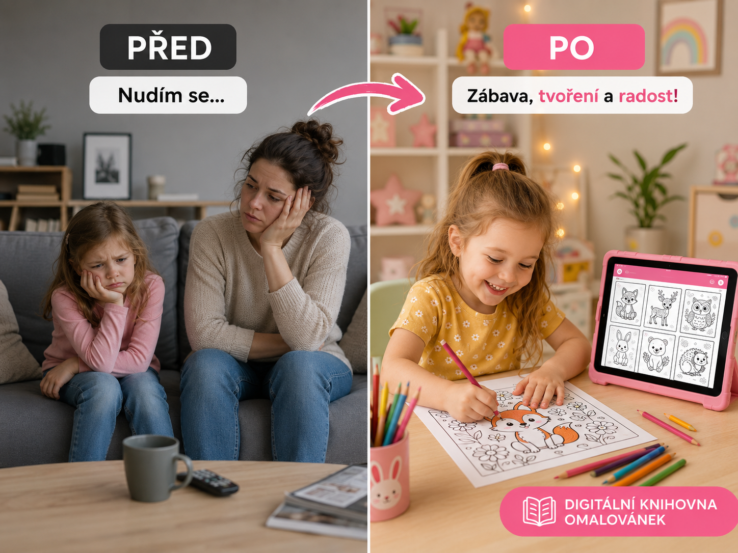 Před: znuděné dítě na gauči s mamkou. Po: dítě s úsměvem maluje a vystřihuje u stolu.